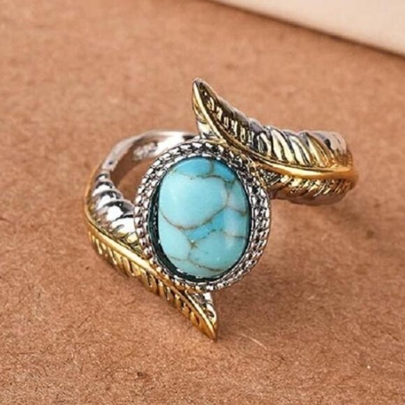 Jewelry - Silver Turquoise‎ Feather Ring Womens Silver Gold Plated Party Wedding